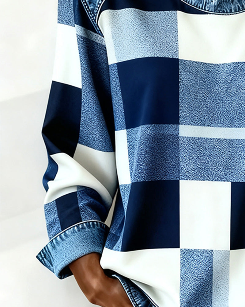 Oriane | Sweatshirt avec Patchwork à Carreaux et Couleur Contrastée