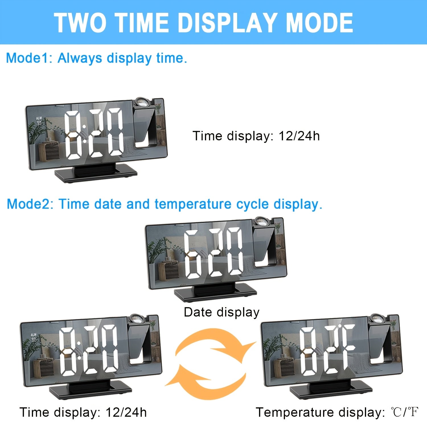 Réveil à Projection LED avec Projection Réglable à 180° – Affichage Clair et Fonction Snooze pour Chambre ou Bureau