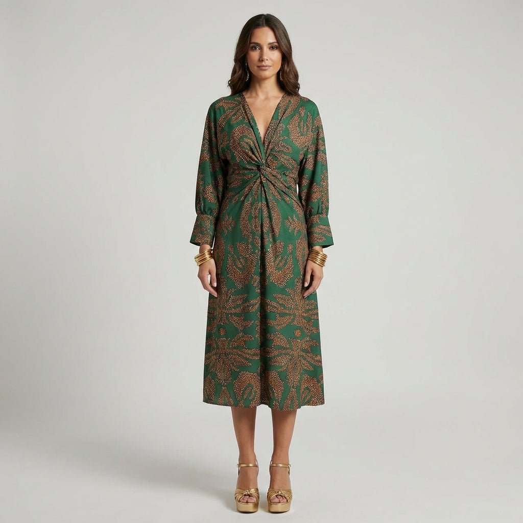 Soléane | Robe Midi Élégante avec Imprimé de Charme Intemporel
