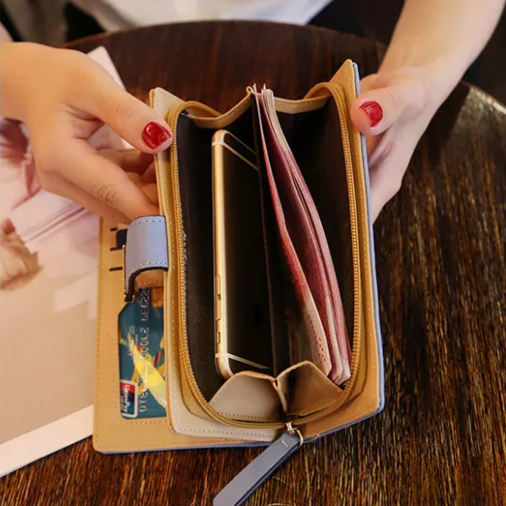 Portefeuille en cuir à feuilles dorées